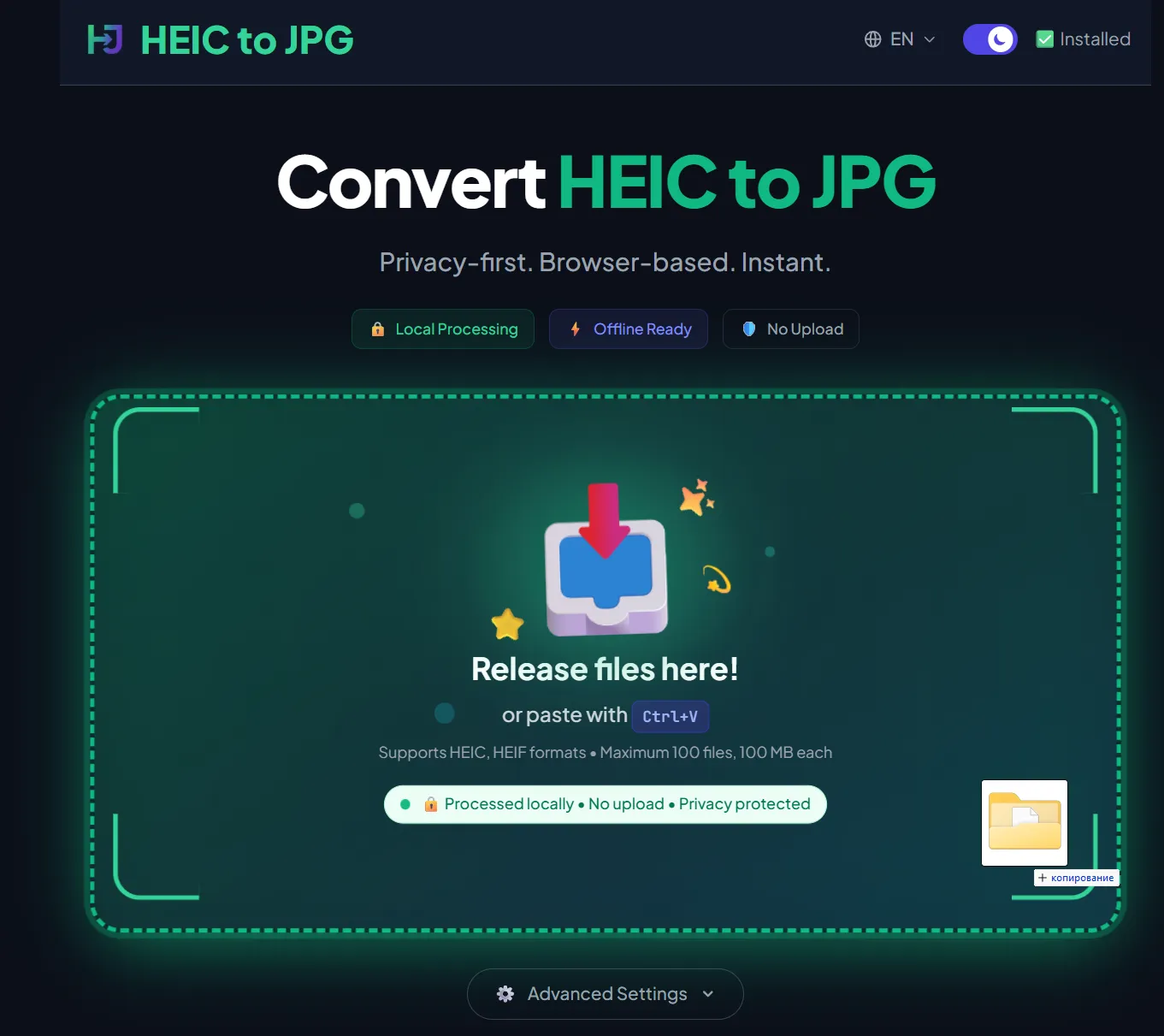 Dragging files into the converter with Release files here message