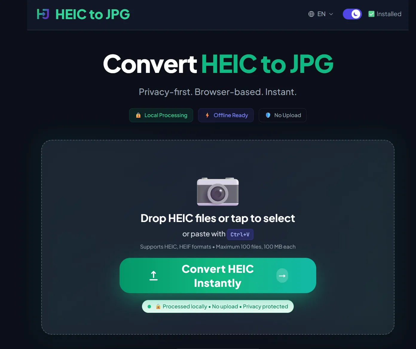 HEIC to JPG converter homepage with upload area