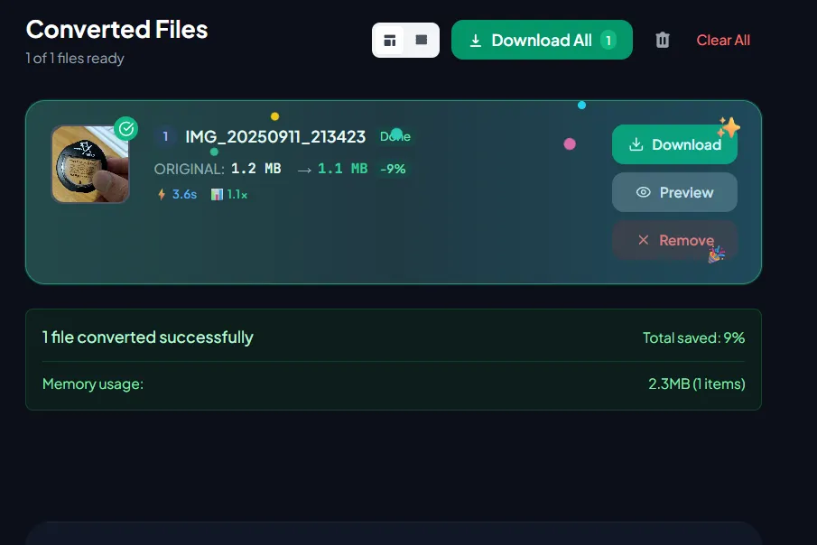 Successfully converted HEIC files showing download options and file size savings