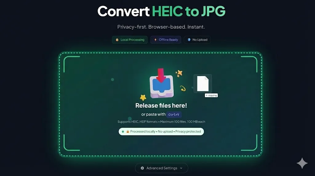 HEIC to JPG converter with drag-and-drop interface showing file upload area