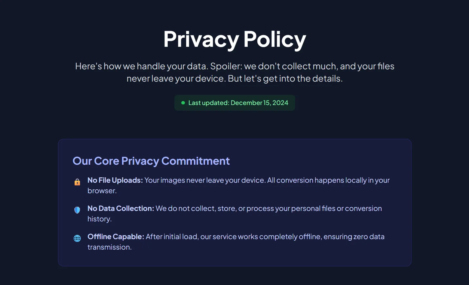 Privacy policy page showing secure local conversion without server uploads